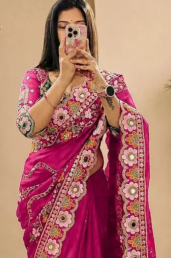 Maroon embellished floral mirror work  georgette designer saree