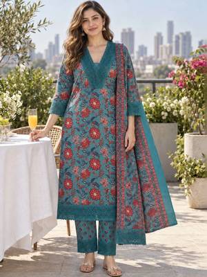 women floral printed regular  cotton kurta with trousers & with dupatta 1