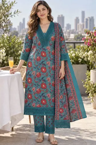 women floral printed regular  cotton kurta with trousers & with dupatta