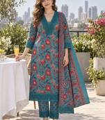 women floral printed regular  cotton kurta with trousers & with dupatta
