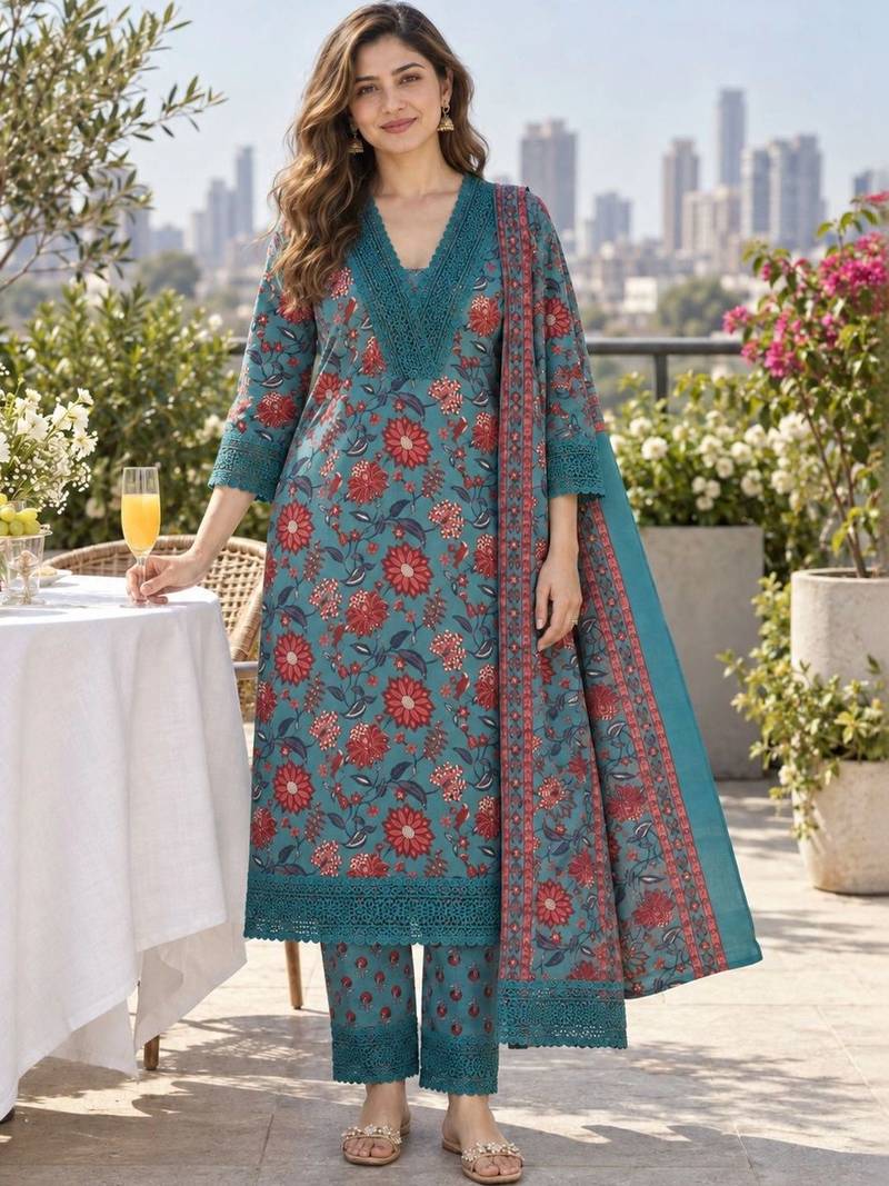 women floral printed regular  cotton kurta with trousers & with dupatta