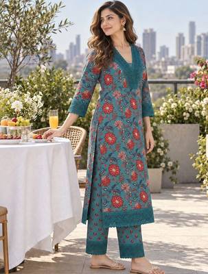 women floral printed regular  cotton kurta with trousers & with dupatta 3