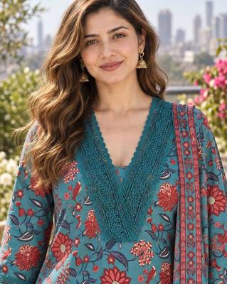 women floral printed regular  cotton kurta with trousers & with dupatta 4