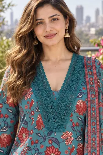 women floral printed regular  cotton kurta with trousers & with dupatta