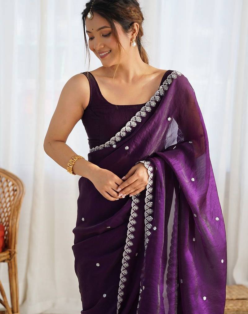 Magenta embellished sequinned tissue saree