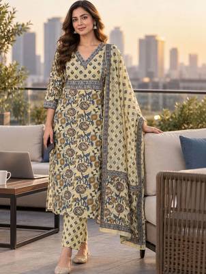 women floral printed regular sequinned  cotton kurta with trousers & with dupatta 1