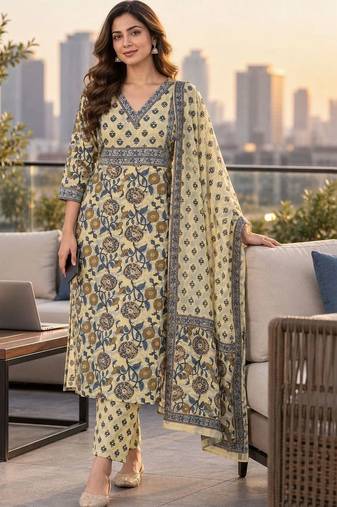 women floral printed regular sequinned  cotton kurta with trousers & with dupatta