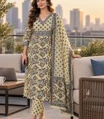 women floral printed regular sequinned  cotton kurta with trousers & with dupatta