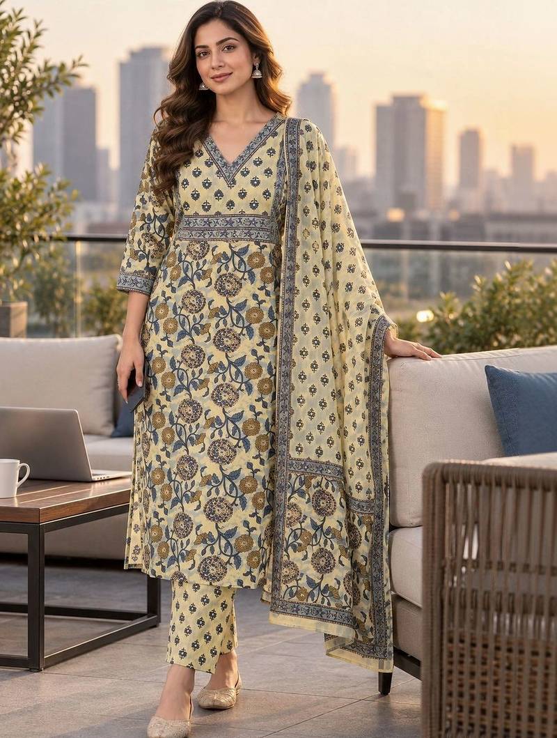 women floral printed regular sequinned  cotton kurta with trousers & with dupatta