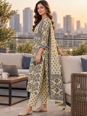 women floral printed regular sequinned  cotton kurta with trousers & with dupatta 3