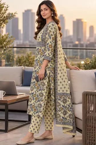 women floral printed regular sequinned  cotton kurta with trousers & with dupatta