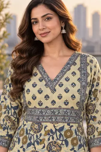 women floral printed regular sequinned  cotton kurta with trousers & with dupatta