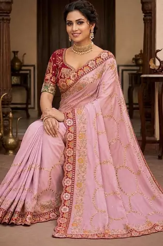 Pink floral embroidered  georgette designer saree