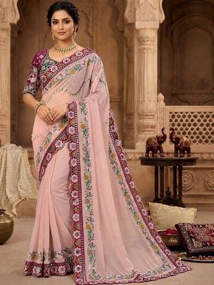 Peach floral mirror work  georgette designer saree 1