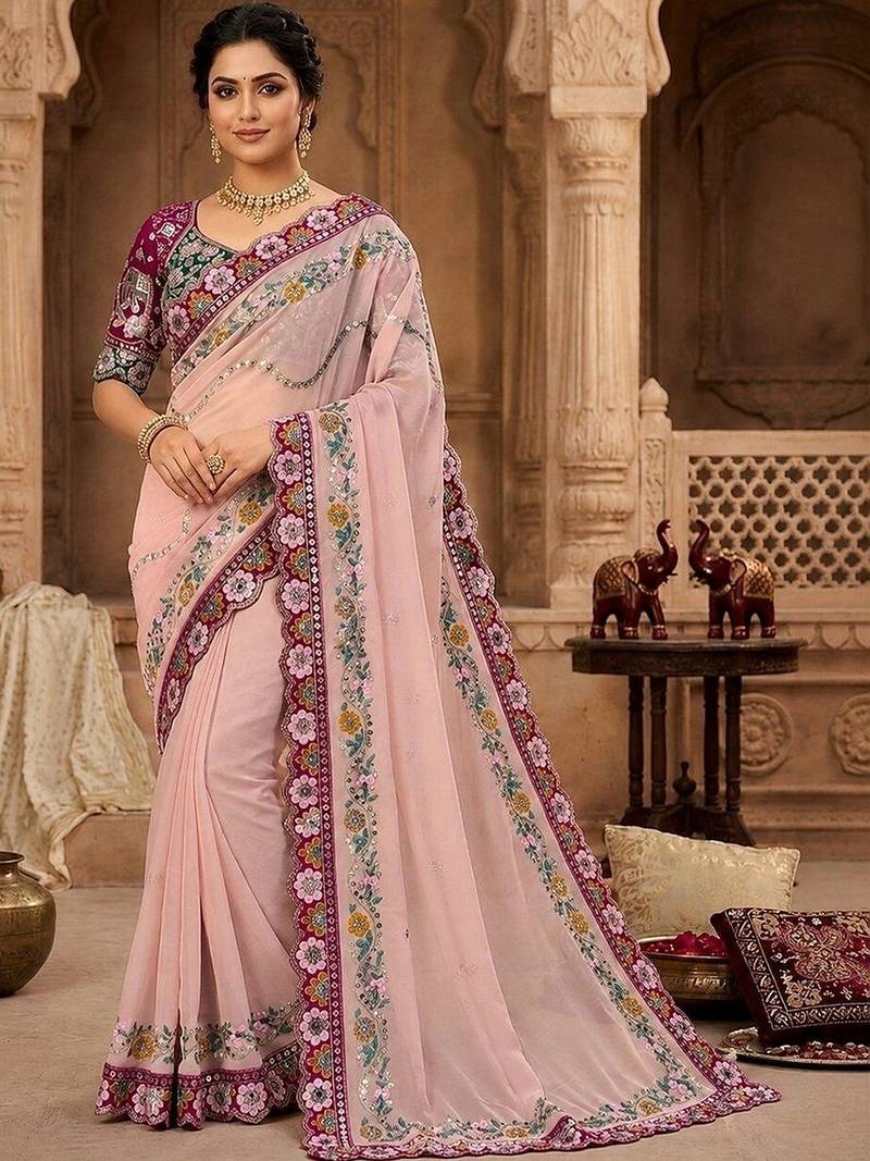 Peach floral mirror work  georgette designer saree