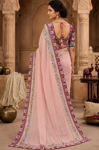 Peach floral mirror work  georgette designer saree