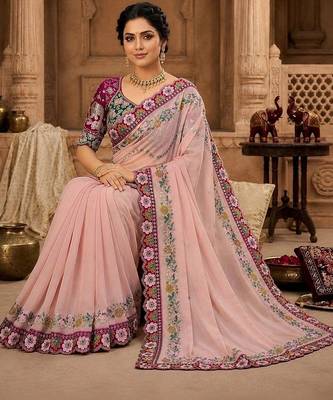 Peach floral mirror work  georgette designer saree 3