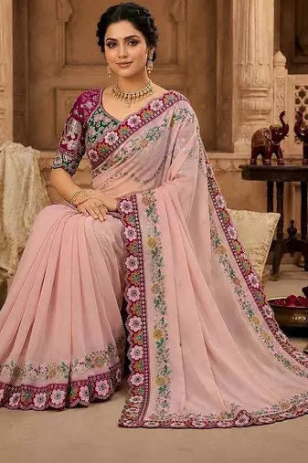 Peach floral mirror work  georgette designer saree