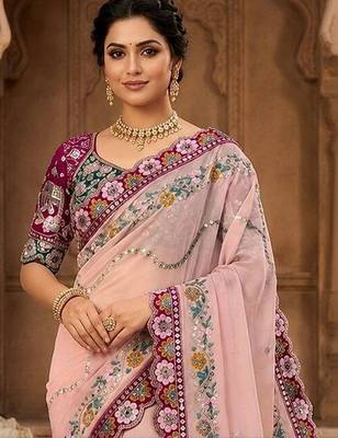 Peach floral mirror work  georgette designer saree 4