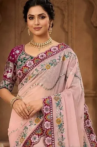 Peach floral mirror work  georgette designer saree