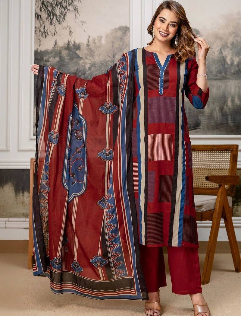 women printed regular  cotton kurta with palazzos & with dupatta