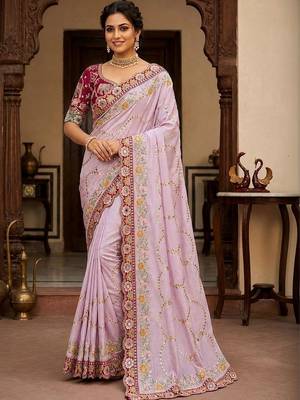 Lavender floral embroidered  georgette designer saree 1