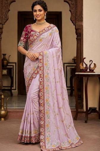 Lavender floral embroidered  georgette designer saree