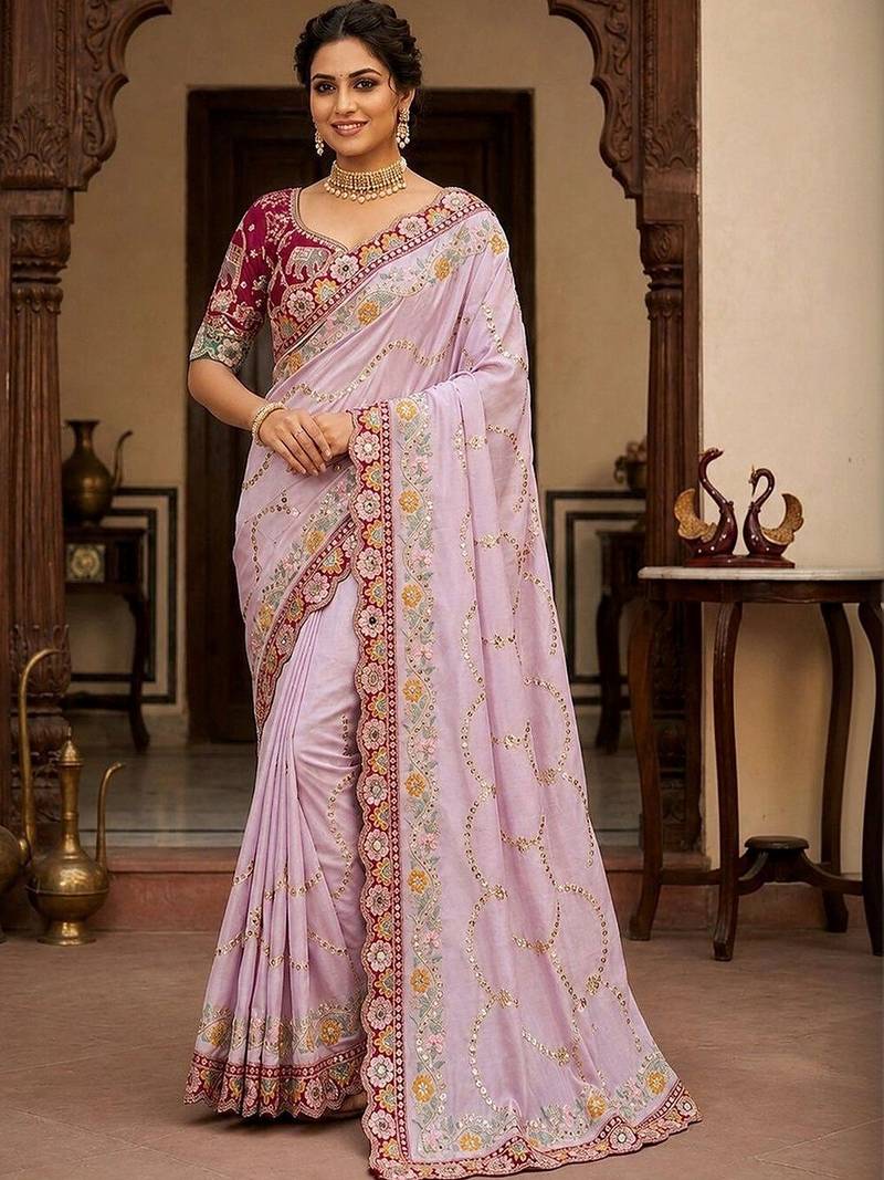 Lavender floral embroidered  georgette designer saree