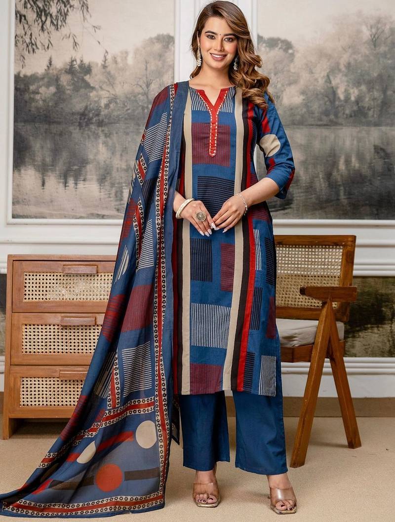 women printed regular  cotton kurta with palazzos & with dupatta