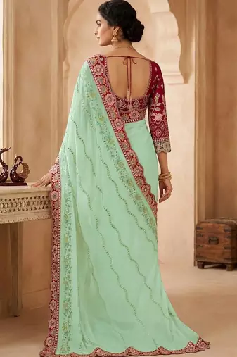 Sea green floral embroidered  georgette designer saree