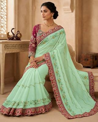 Sea green floral embroidered  georgette designer saree 3