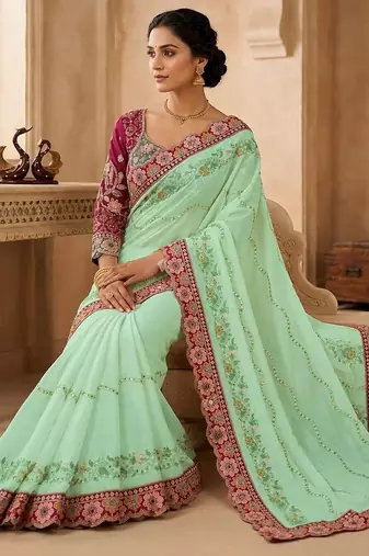 Sea green floral embroidered  georgette designer saree