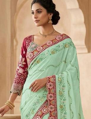 Sea green floral embroidered  georgette designer saree 4