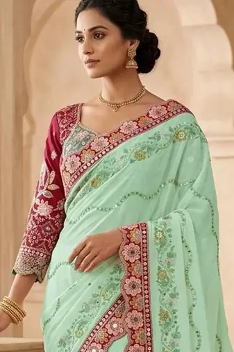 Sea green floral embroidered  georgette designer saree