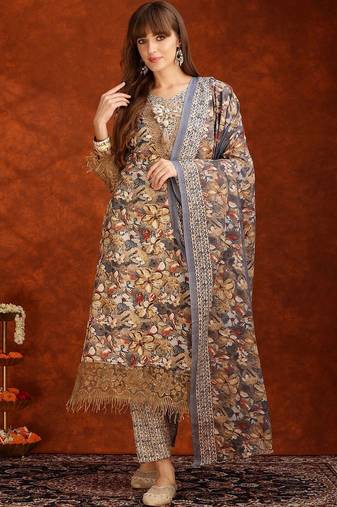 women floral printed regular thread work kurta with trousers & with dupatta