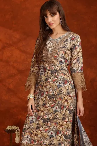 women floral printed regular thread work kurta with trousers & with dupatta