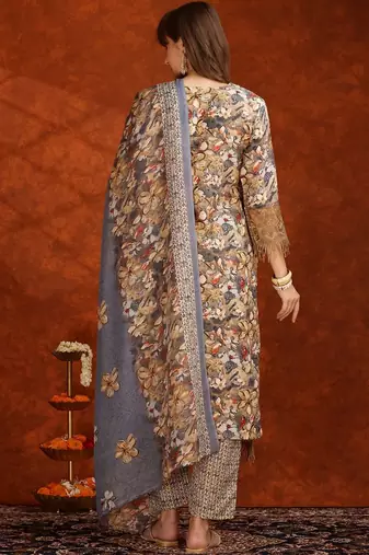 women floral printed regular thread work kurta with trousers & with dupatta