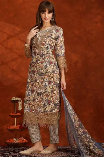women floral printed regular thread work kurta with trousers & with dupatta