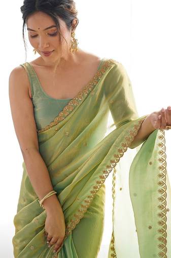 Green embellished sequinned tissue saree