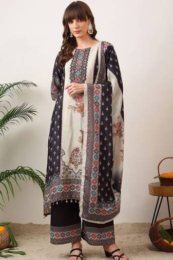 women floral printed regular thread work kurta with palazzos & with dupatta