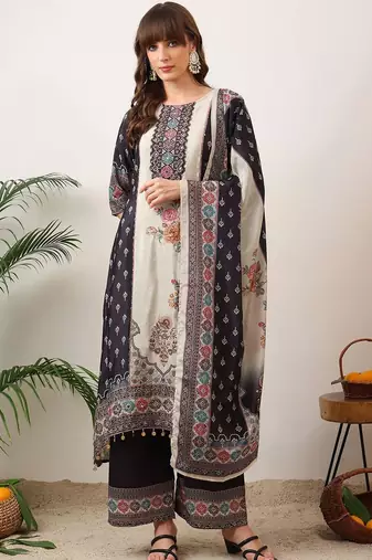 women floral printed regular thread work kurta with palazzos & with dupatta
