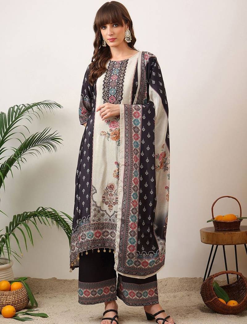 women floral printed regular thread work kurta with palazzos & with dupatta