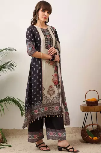 women floral printed regular thread work kurta with palazzos & with dupatta