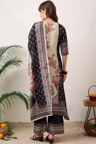 women floral printed regular thread work kurta with palazzos & with dupatta