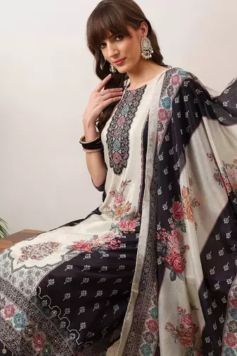 women floral printed regular thread work kurta with palazzos & with dupatta