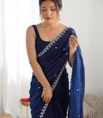 Navy blue embellished sequinned tissue designer saree