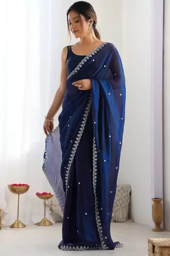 Navy blue embellished sequinned tissue designer saree