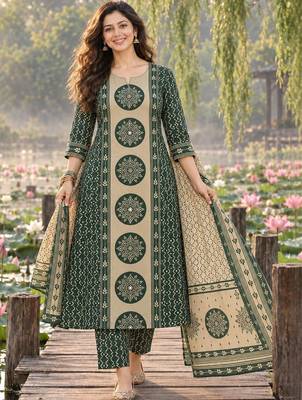 women ethnic motifs printed regular  cotton kurta with trousers & with dupatta 1