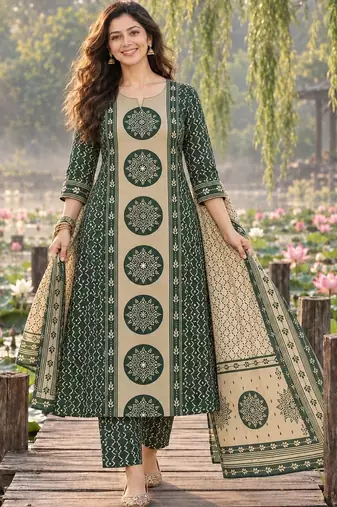 women ethnic motifs printed regular  cotton kurta with trousers & with dupatta