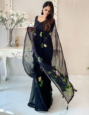 Black black & black floral poly georgette designer saree 1